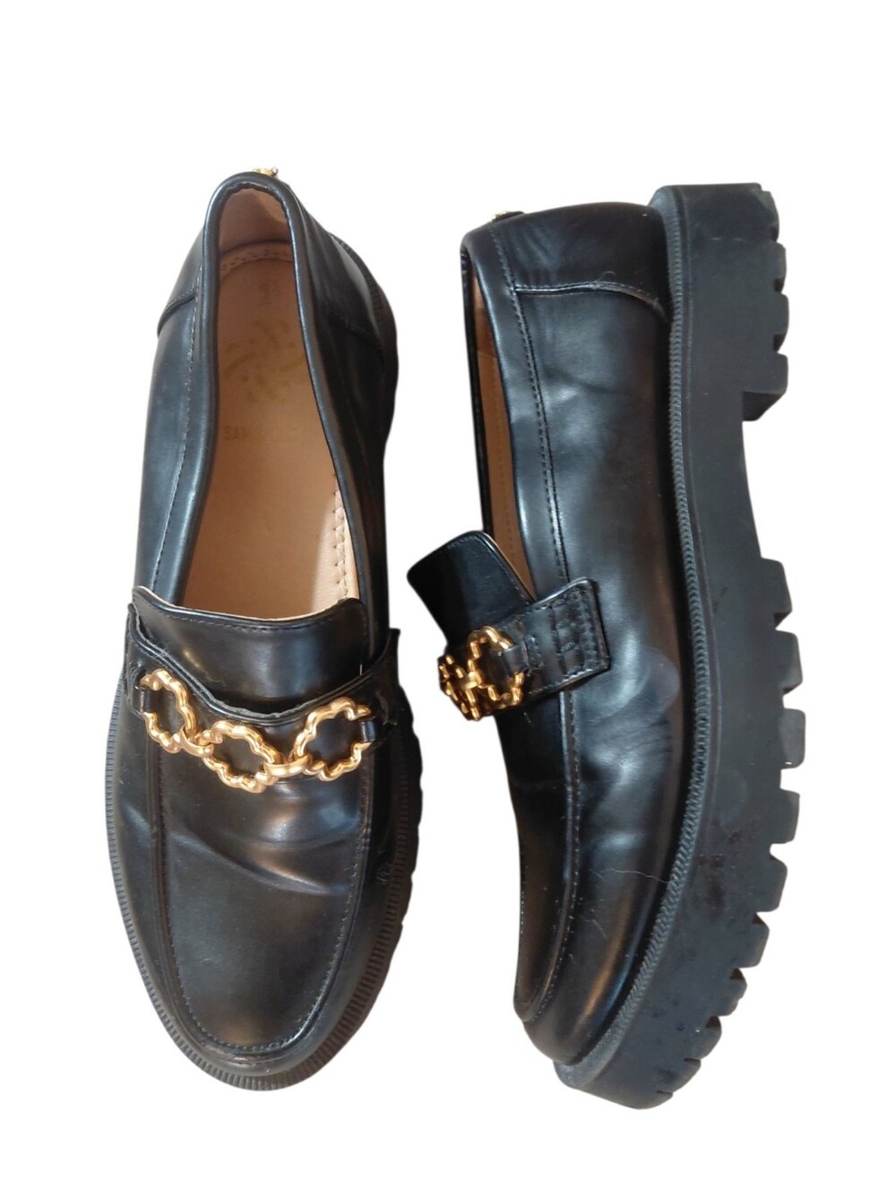 Sam & Libby Black Leather Lug Sole Loafers with Gold Chain Accent Size 9.5
